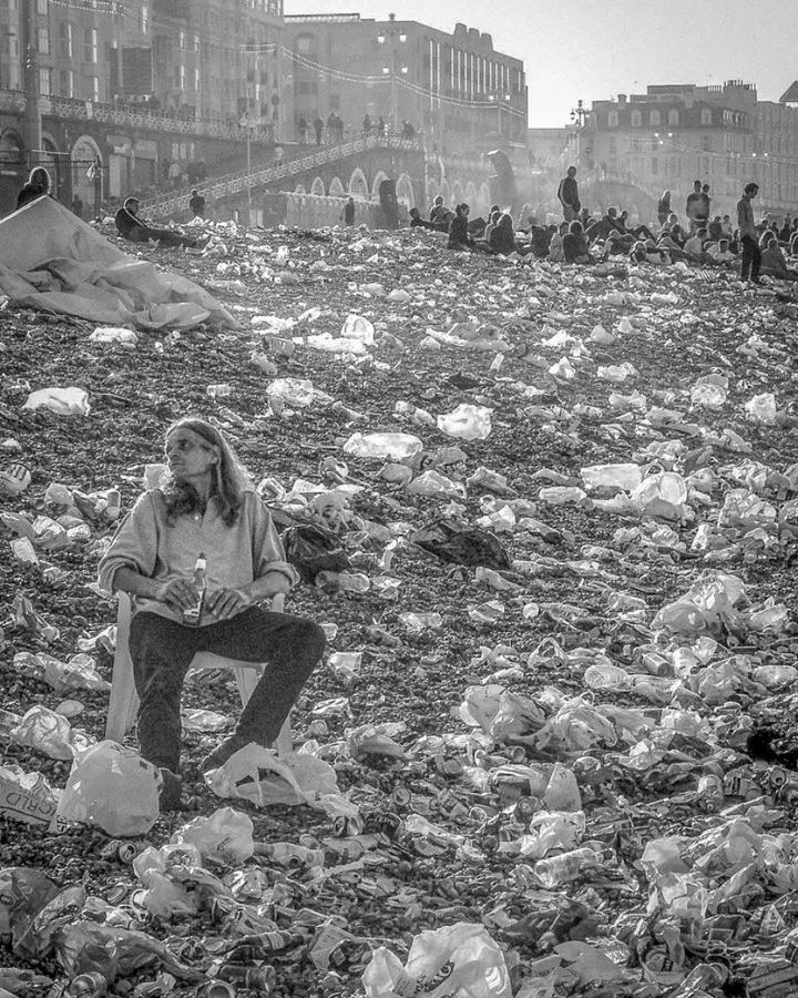 Brighton beach the morning after 250,000 people trashed it for Fat Boy Slim.